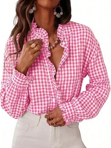 Cicy Bell Womens Plaid Shirts Ruffle Puff Long Sleeve V Neck Gingham Tops | Trendy Casual, Button Down, Work Casual, Checkered Blouses, Loose Fit - Image 1