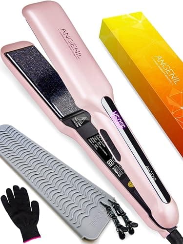 ANGENIL Flat Iron Wide 1.6 Inch Hair Straightener for Thick Hair, Dual Voltage Hair Straightener and Curler 2 in 1, Ceramic Flat Iron with Silicone Heat Resistant Mat Pouch, Fast Heating, LCD Display - Image 1