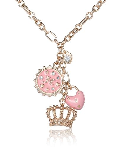 Juicy Couture Charm Necklace for Women, 16-18"+2" Gold-Tone Necklace Juicy Logo Charms with Pink Enamel and Clear Crystals - Image 1