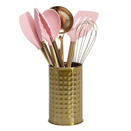Paris Hilton Kitchen Set Tool Crock with Silicone Cooking Utensils, Stainless Steel Whisk and Ladle, 7-Piece, Pink and Gold - Image 1