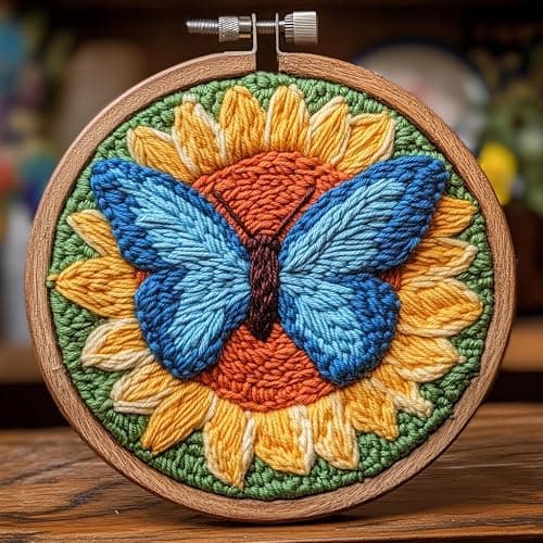 DIY Punch Needle Kits Butterfly on Sunflower Embroidery Punch Needle Starter Craft with Hoop Easy for Beginners for Festival t and Decoration 20x20cm-1 - Image 1
