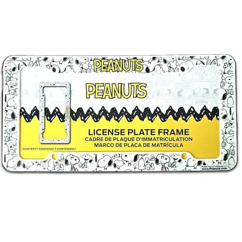 Snoopy Expression License Plate Frame Bundle with Little Tree Air Freshener – Plasticolor Peanuts Snoopy Design, Universal Fit Standard Car Plate Frame, Plastic - Image 1