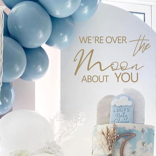 We're Over The Moon About You Baby Shower Party Decal Sign - Space Themed Party Birthday Decoration,Gender Reveal Girl or Boy Baby Shower Decor Sticker - Yellow Moon Deco - Image 1