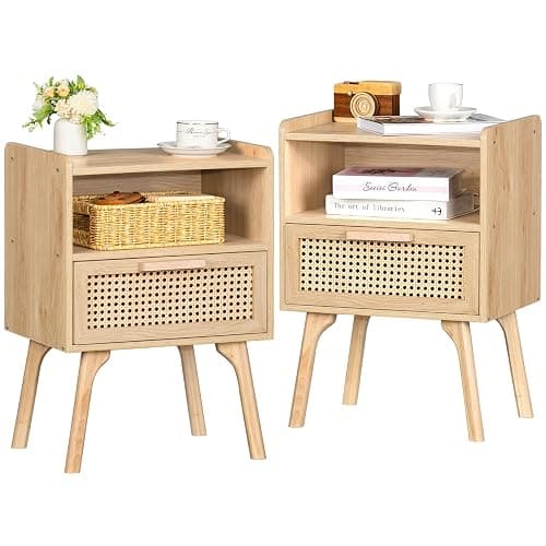 Lerliuo Rattan Nightstands Set of 2, Boho Side Table with Drawer Open Shelf, Cane Accent Bedside End Table with Solid Wood Legs for Bedroom, Dorm and Small Spaces (Natural) - Natural - 2 pack - Image 1
