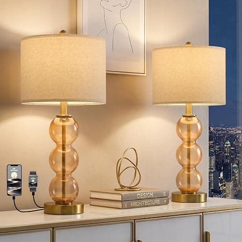 Oneach 25" Amber Glass Table Lamps for Living Room, Glass Modern Table Lamp Set of 2, USB Charging Ports, Linen Shade, Bedside Lamps for Bedroom, Nightstand, Side Table (Bulbs not Included) - Image 1