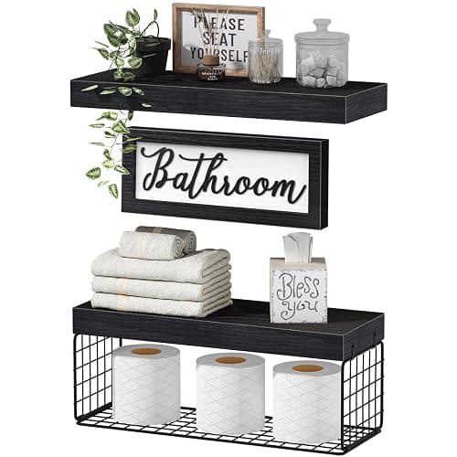 QEEIG Bathroom Shelves Over Toilet - Paper Storage Wall Mounted Farmhouse Decor Decorations Aesthetic Décor Sign Small Floating Shelf 2+1 Set 16 inch, Black (020B) - C. Black - Image 1