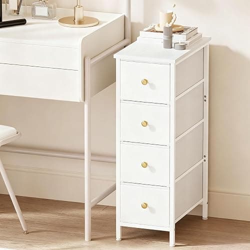 Fixwal Narrow Storage Cabinet, Slim Dresser with 4 Fabric Drawers, White | 9.5in width, sturdy & stable structure, solid steel frame, wooden top, suitable for bedroom, bathroom & laundry room - Image 1