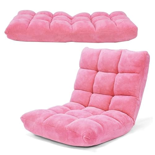 COSTWAY Floor Chair, Video Gaming Chairs with Back Support, Adjustable 14-Position, Alloy Steel Frame, Soft Coral Fleece, Lazy Sofa Lounge for Reading Living Room Recliner for Adults Kids, Pink - Image 1