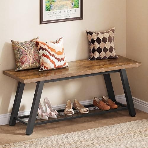 Oastreeful Storage Bench Industrial Rustic Wooden and Metal Entryway Shoe Boots Storage Rack Long Bench Seat for Hallway Bedroom Retro Brown Farmhouse Style - Image 1