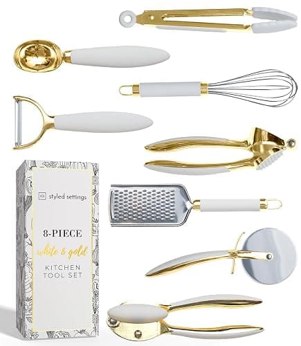 White & Gold Cooking Utensils Set - Luxe 8-Piece Kitchen Gadget Set Includes Can Opener, Tongs and Garlic Press - Stylish White and Gold Kitchen Accessories for Modern Kitchens, Ideal for Gifting - 8 Piece White & Gold - Image 1
