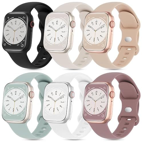 6 Pack Silicone Sport Bands Compatible with Apple Watch Band 38mm 40mm 41mm 42mm 44mm 45mm 46mm 49mm Women Men, Soft Strap Waterproof Wristband for iWatch Series 10 9 8 7 6 5 4 3 2 1 Ultra SE - Image 1