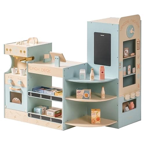 ROBOTIME Wooden Grocery Store Playset for Kids, Pretend Supermarket with Cash Register and Vending Machine, Grocery Toy Set for Toddler Boys and Girls - Image 1