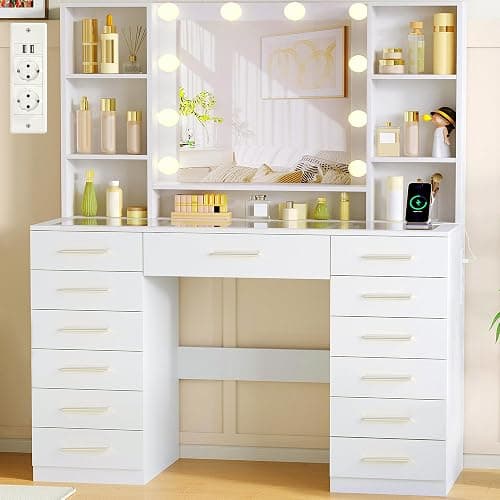 ANWBROAD Grande Toeletta Trucco con Luz LED,3 Colores,Brillo Ajustable | Tocador con Espejo,Tapa de Vidrio y Enchufes,Mesa de Maquillaje Moderno con 13 Cajones y 7 Estantes Abiertos,Blanco BDT19X - Image 1