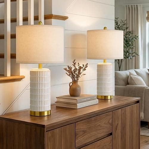 ⭐️⭐️⭐️ PoKat Small Bedside Table Lamps Set of 2 for Bedroom Living Room, 21.5'' Modern Ceramic Nightstand Lamps with Gold Base, Farmhouse Table Lamps for Office End Side Table Console, White and Beige - Image 1