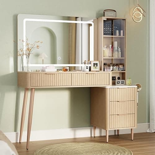 MODNEST 48" Vanity Desk with Mirror and Lights, Fluted Makeup Vanity Desk with 5 Drawers and Shelves, Dressing Table with Clear Glass Top for Bedroom, 48"x15.7"x53.5", Oak Color - 48"x15.7"x53.5" - Image 1