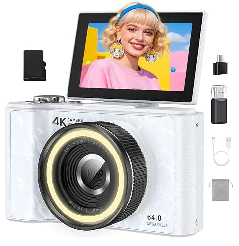 W & O 4K Digital Camera for Photography,Flip Screen Digital Camera for Kids | 64MP Vlogging Camera for YouTube with SD Card,16X Zoom Autofocus,Point and Shoot digital cameras for Teens Beginner,White - Image 1