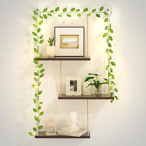MASHDE Hanging Shelves for Wall, 3 Tier Boho Wall Decor Hanging Shelf with Vine Lights, Rope Rustic Wood Floating Shelves Floral Plant Decor for Bedroom Living Room Dorm Office Women - Image 1