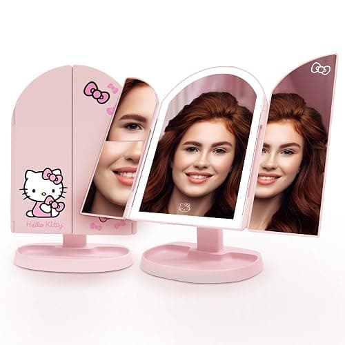 Impressions Vanity Hello Kitty Bow Arch Trifold LED Makeup Mirror for Desk, 3 Way View Foldable Vanity Mirror with Lights, 2X and 3X Magnification, Adjustable Tilt and Soft Touch (Light Pink) - Image 1