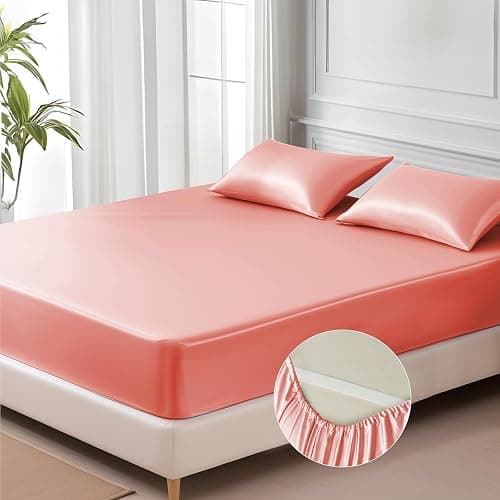 MR&HM Satin Fitted Sheet Full Size, Silky Bottom Sheet with Elastic Corner Straps, Deep Pocket up to 15 Inch, No More Slipping Off for Mattress - 1 Fitted Sheet Only (Blush) - Blush - Full - Image 1