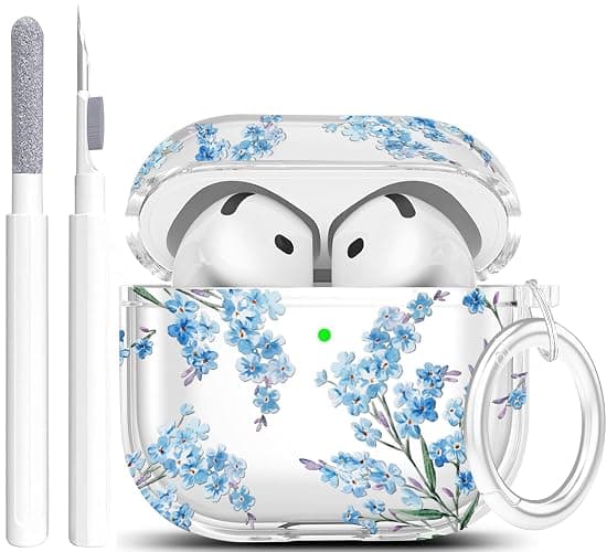 Case for AirPods 4 - Wonjury Clear Case Cover Floral Print Skin Women Girls Keychain Cleaner Tool for Apple Airpods 4th 2024 - Flower Blue - Image 1