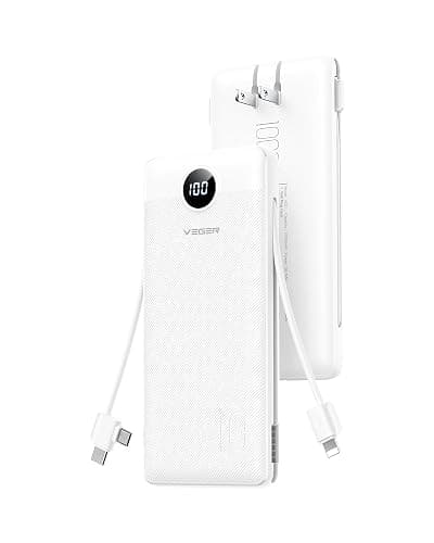VEGER All in One Travel Portable Charger with Built-in AC Plug & Cables, 10000mAh Slim Power Bank Battery Pack, 15W Fast Charging Compatible with iPhone, Samsung, Android-White - Image 1
