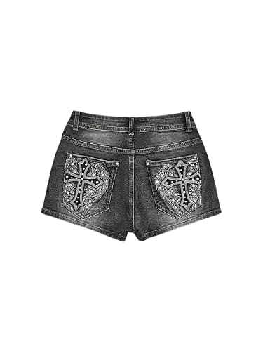SOLY HUX Women's Y2k Denim Shorts Grunge Punk Low Waist Skinny Mini Jean Shorts Streetwear - XX-Small - Grey Graphic - Image 1