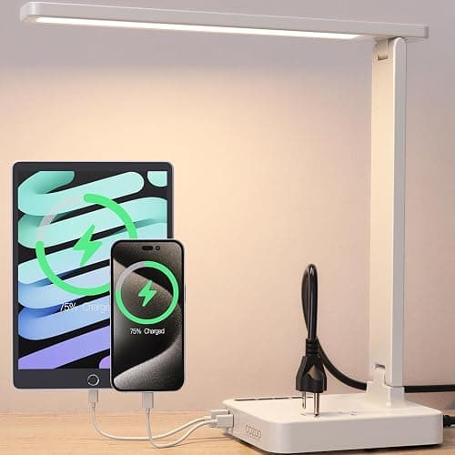 cozoo LED Desk Lamp with USB Charging Ports and Type C Port,2 AC Outlets,9 Lighting Modes,Touch/Memory/Timer Function,10W Eye Protection Foldable Reading Light,Study Lamp,Dorm Essentials Desk Light - Image 1