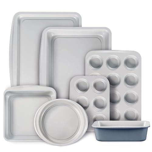 CAROTE 7-Piece Nonstick Stackable Baking Pans Set - Bakeware Sets Including Cookie Sheets for Baking, Muffin Pan, Bread Pan, Cake pan, Loaf Pan, Roasting Pan, Gray & Blue - Image 1