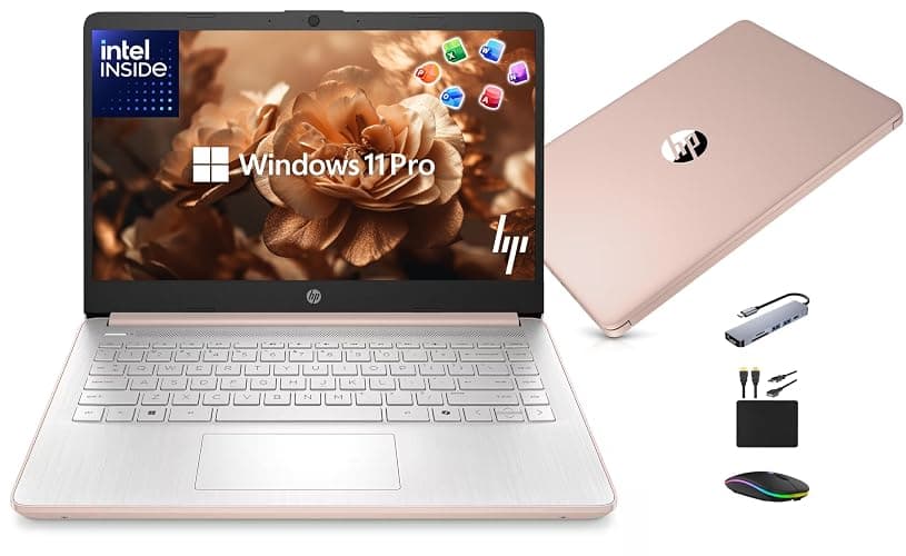 HP 14” Laptop Ultra-Portable Computer 2026 Student Business, MS Office, Copilot AI, Intel 4-Core CPU, 4GB RAM, 628GB Storage (128GB UFS+500GB Ext), Long Battery, MaxsolAccessory, Win 11 Pro, Rose Gold - Image 1