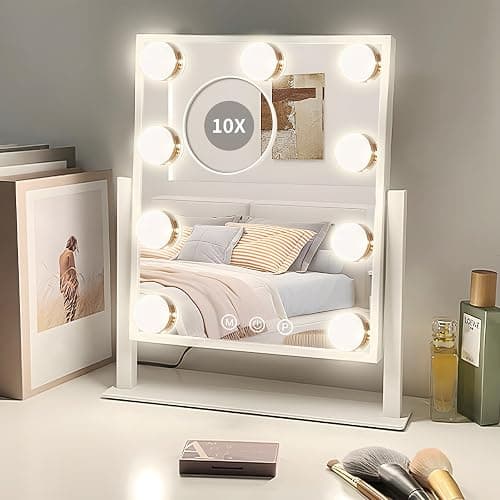 Sucedey Makeup Mirror with Lights, 14x12 '' Lighted Vanity Mirror with 9 Bulbs, 3 Color Mode and Dimming, Touch Control, Detachable 10X Zoom Mirror, 360° Rotation, Sleek Metal Frame -White - Image 1