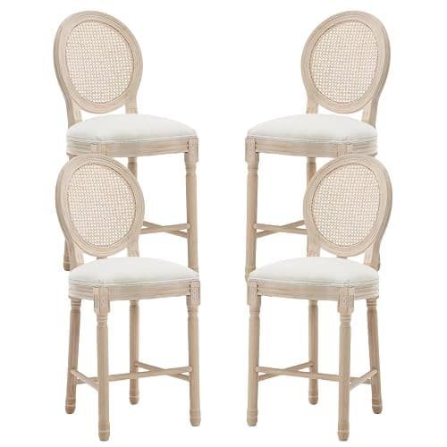 SetteeBit French Country Barstool Set of 4, Linen Farmhouse Counter Height Chair with Round Back and Solid Wood Legs, Oval Chairs for Bar, Kitchen, Restaurant - Image 1