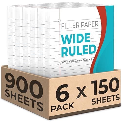Rosmonde Loose Leaf Paper, 900 Sheets, 6 Pack, Wide Ruled, 8" x 10.5", 56 gsm Bulk Office Filler Sheets, 3 Hole Punched, 150 Sheets/Pack, Wide Ruled for 3 Ring Binder, Notebook Paper, White - Image 1