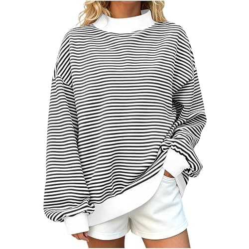 Womens Striped Sweatshirt Mock Neck Long Sleeve Casual Loose Pullover | Classic Stripe Pattern,Soft Comfortable Fabric,Relaxed Oversized Fit,Mock Neck Design,Daily Casual Streetwear Style - Image 1