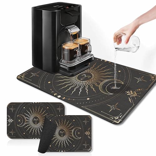Arttown Coffee Mat for Countertops, Black Gold Sun Moon Boho Dish Drying Mat 2 Pcs for Kitchen Bar Accessories, Fit Under Coffee Maker Espresso Machine Dish Rack Hide Stain Rubber 12x19in - Image 1