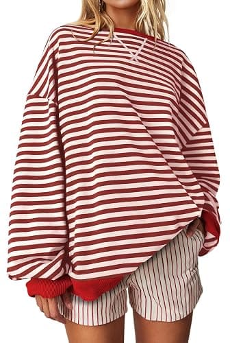 UEU Women Oversized Striped Crewneck Sweatshirt Long Sleeve Color Block Pullover Tops Casual Loose Workout Shirt - Image 1