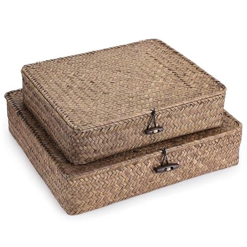 Hipiwe Set of 2 Flat Woven Wicker Storage Bins with Lid Natural Seagrass Basket Multipurpose Home Boxes for Shelf Organizer (Coffee) - Image 1
