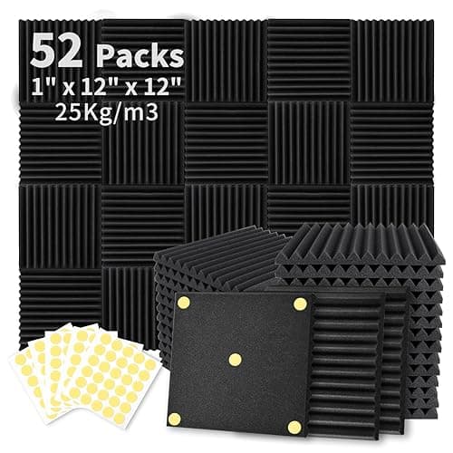 Focusound 52 Pack Acoustic Foam Panels 1" x 12" x 12" Sound Proof Foam Panles Soundproofing Noise Cancelling Wedge Panels for Home Office Recoding Studio with 300PCS Double-Side Adhesive - Image 1