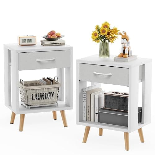 Nightstands Set of 2 with Fabric Storage Drawer and Open Wood Shelf, Side Table with Storage for Bedroom, Bedside Tables - 23.7" H White - Image 1