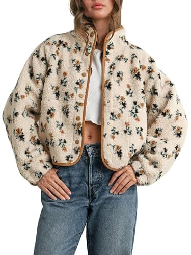 Joiemont Womens Floral Print Fluffy Fleece Jacket Snap Button Winter Teddy Fleece Jacket Casual Faux Fur Outwear - Image 1