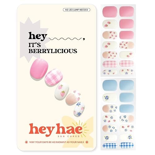 Heyhae Semi Cured Gel Nail Strips | No LED Lamp Needed | Summer, Solid, Pink | Easy Apply & Remove, Salon Quality | Includes 28 Strips, 1 Prep Pads, Nail File & Wooden Stick - Hey, It's Berrylicious - Hey, It's Berrylicious - Image 1