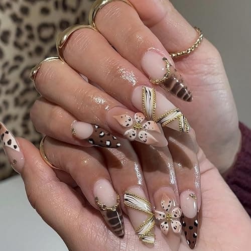 Leopard Prints French Tips Press on Nails Medium Almond Nails Press on with 5D Flower Charm Design Glossy Brown Glue on Nail Rhinestone Lines Fake Nails Fall Winter Nail for Women Manicure 24Pcs - Image 1