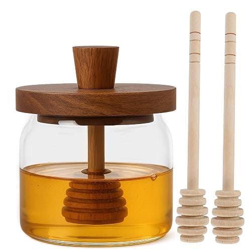 Loscarol 12 oz Honey Pot with Dipper and Lid - Glass Honey Jar with Wooden Honey Dippers Stick Set, Wide Mouth Storage Honey Containers - Syrup Dispenser for Home Kitchen - Image 1