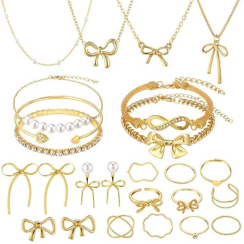 Tondiamo 23 Pcs Bowknot Jewelry Set for Women Coquette Bow Necklace Bracelets Cute Bowknot Charm Rings Ribbon Earrings Stud Set for Women Gold Jewelry Gift - Image 1