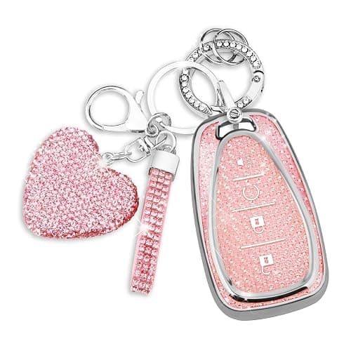 QBUC for Chevy Key Fob Cover with Diamond Keychain, 4 Buttons Key Case Compatible with Chevrolet Equinox Malibu Camaro Cruze Traverse Blazer Trax Volt Bolt Key Protector for Women(S-Pink) - Image 1