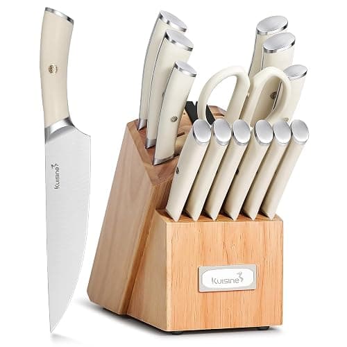 KUISINE Upgraded Knife Set High Carbon Stainless Steel Super Sharp Blade Ergonomic Rivet Handle,Knife Block Set with Built-in Sharpener(Ivory Acacia Pro,15PCS) - Image 1