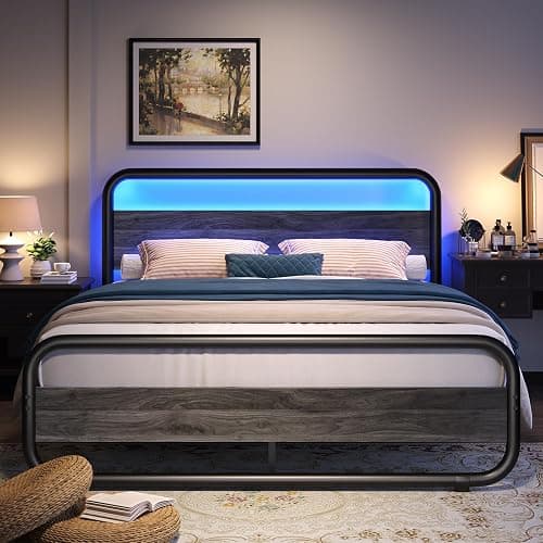 Catrimown Queen Bed Frame with LED Lights, Heavy Duty Metal Rustic Platform Bed Frame Queen Size, with Headboard, Under Bed Storage, Noise Free, No Box Spring Needed, Wash Gray - Image 1