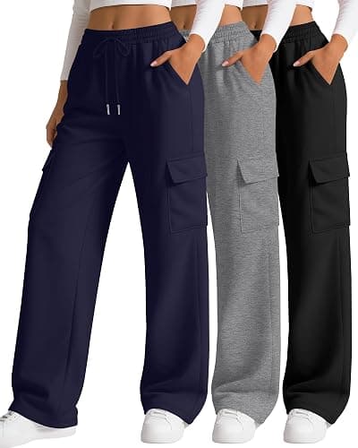 Neer 3 Pack Women's Cargo Sweatpants Wide Leg | Baggy, Loose, Pants with 4 Pockets, Elastic Waist, Drawstring, Casual, Athletic, Sweat, Joggers, Lounge, Running, Dance - Image 1