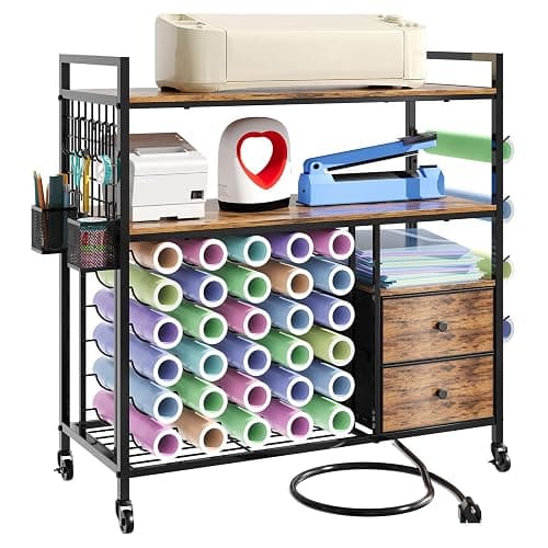 HavenlyYouth Craft Cart Compatible with Cricut Machine, Large Cricut Table with 34 Vinyl Roll Holder, 2 Drawers and Charging Station, Craft Storage Cabinet Craft Workstation - Image 1