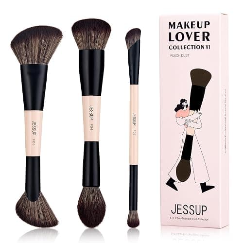 Jessup Face Makeup Brushes 3pcs Double Ended Makeup Brush Set for Foundation Contour Blush Highlight and Powder, Premium Synthetic Make up Brushes Peach Dust T508 - Image 1