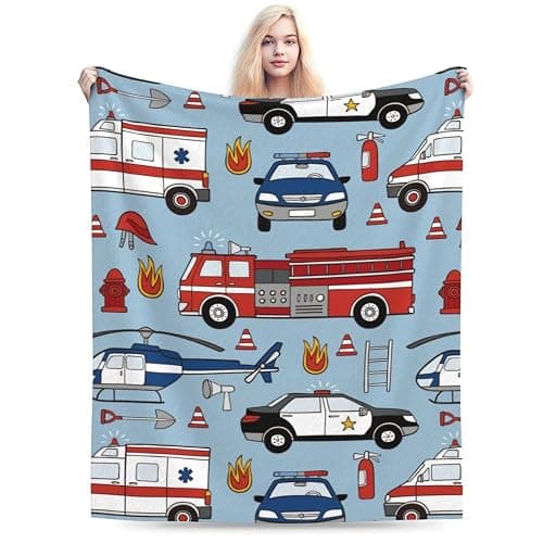 Cartoon Emergency Car Flannel Throw Blanket for Kids Boys Baby Toddler Teens Gifts Soft Warm Bedroom Throws for Home Couch Room Sofa Office Travel Camping Dorm Decor 50x40 Inch - Image 1